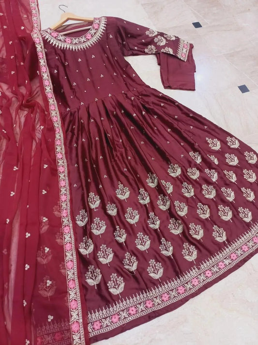 Maroon Embroidered Maxi Dress with Chiffon Dupatta