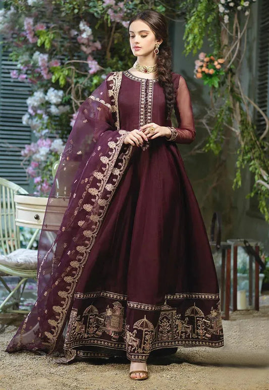 Maroon Embroidered Chiffon Maxi Set 3 Pcs Women