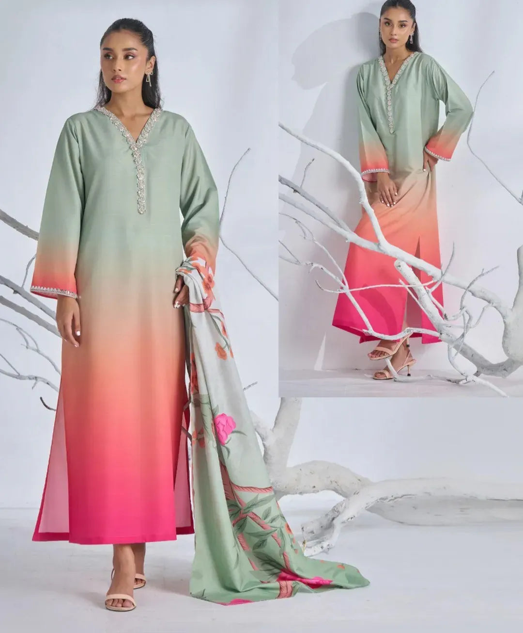 Multicolor Digital Printed Long Kurta with Lace Work & Duppatta