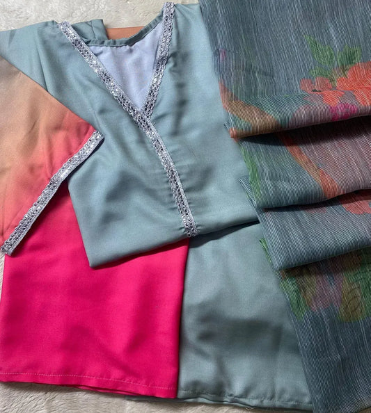 Multicolor Digital Printed Long Kurta with Lace Work & Duppatta