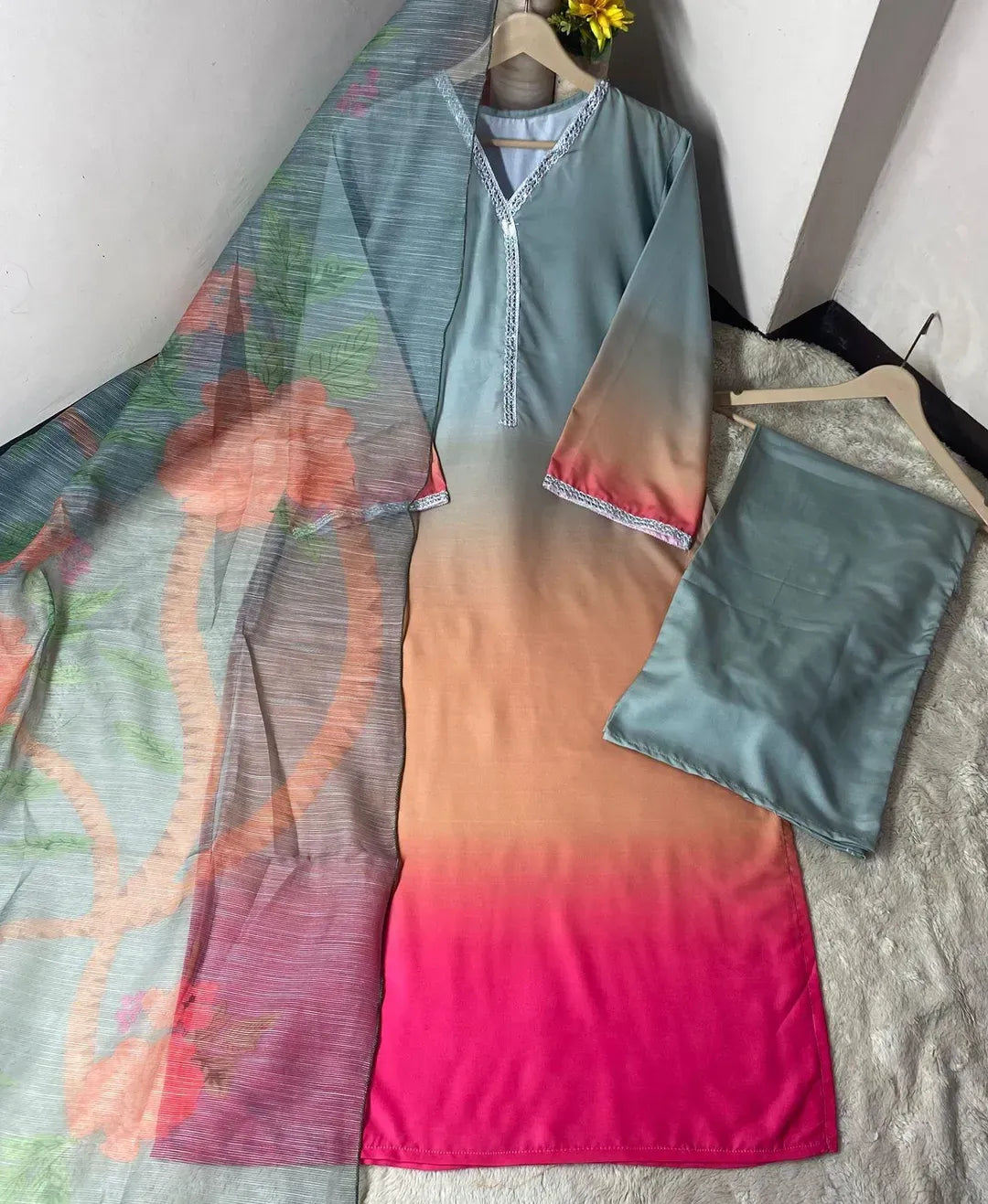 Multicolor Digital Printed Long Kurta with Lace Work & Duppatta