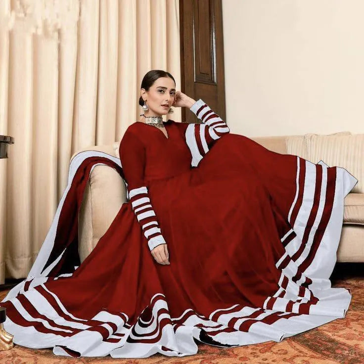 Maroon Applique Chiffon Maxi Set with Trouser & Dupatta