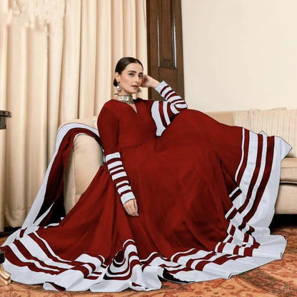 Maroon Applique Chiffon Maxi Set with Trouser & Dupatta