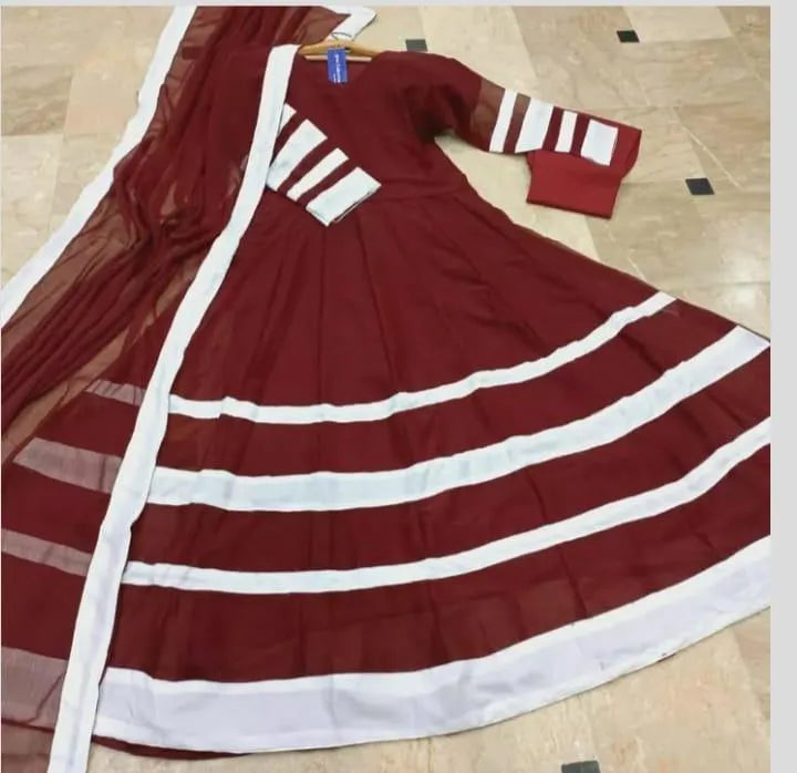 Maroon Applique Chiffon Maxi Set with Trouser & Dupatta