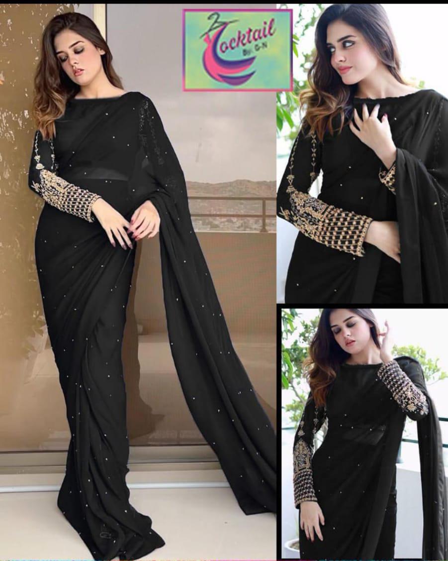 Stunning Black Sequins Embroidered Crinkle Chiffon Stitched Saree Set - 3 Pcs