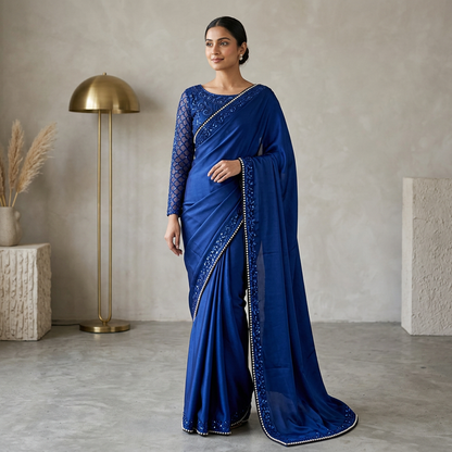 Blue Sequin Shamoz Silk Saree with Pearl Embroidery