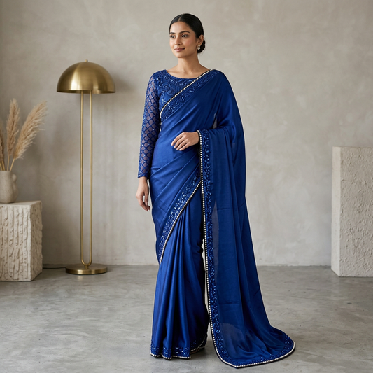 Blue Sequin Shamoz Silk Saree with Pearl Embroidery